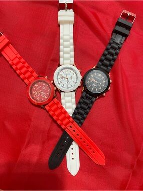 3 Geneva  Silicone Strap Watches - Red, White, Black